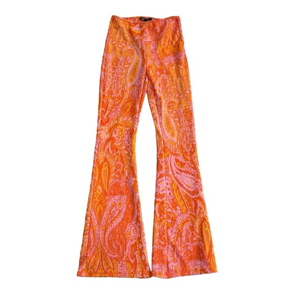 ZARA Orange Pink Jacquard Retro‎ Print 70’s Pants Bell Bottoms Flared size S NWT - Picture 4 of 10
